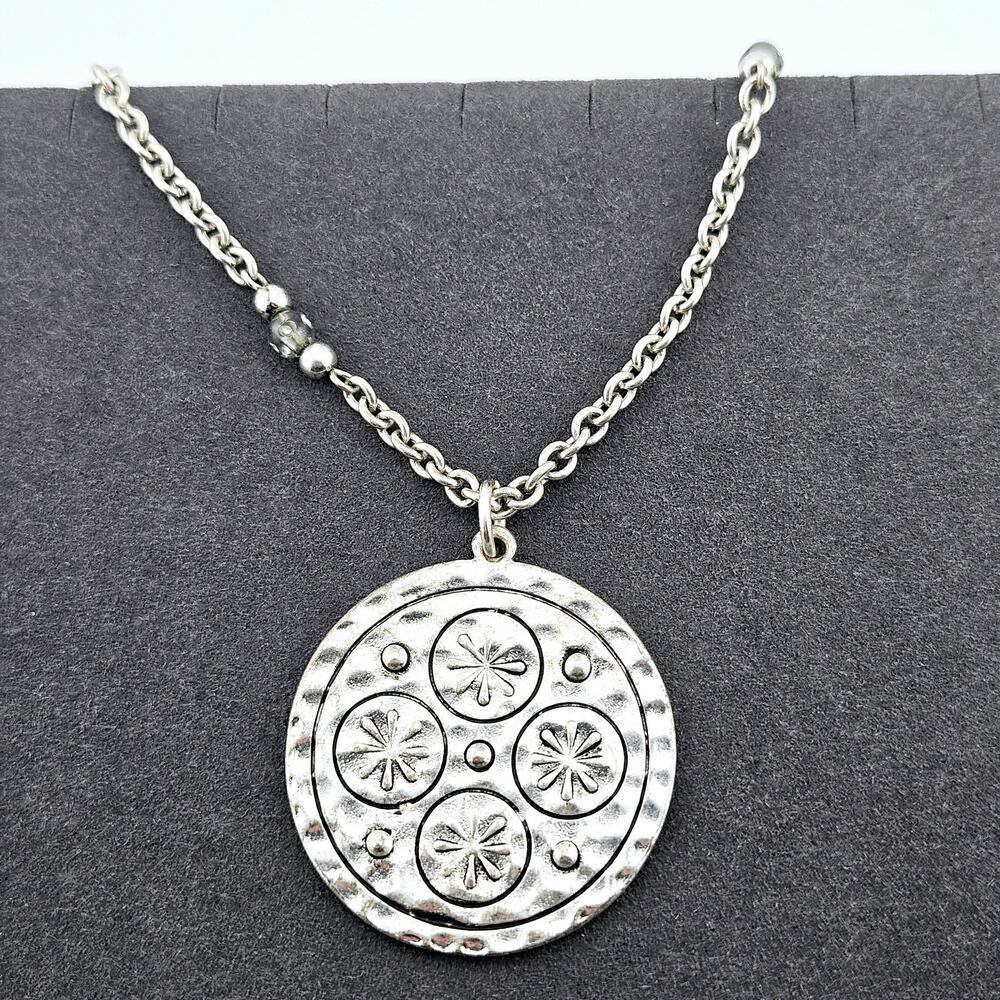 Silver Tone Starburst Snowflake Hammered Medallion Pendant Necklace With Chain